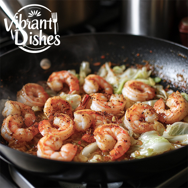 Shrimp sautéing with cabbage in a skillet.