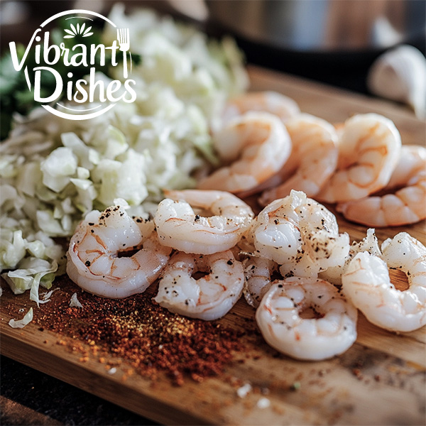 Fresh shrimp and chopped cabbage with garlic and spices.