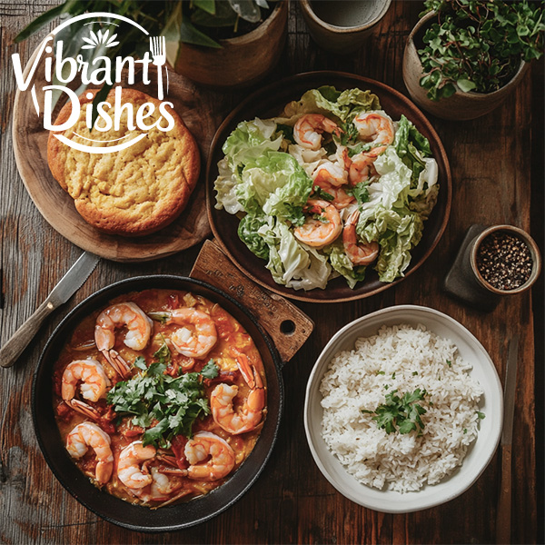 Shrimp and cabbage with cornbread and rice.