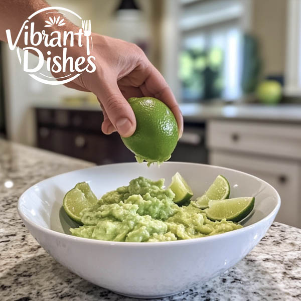 Fresh lime juice being squeezed into mashed avocado.