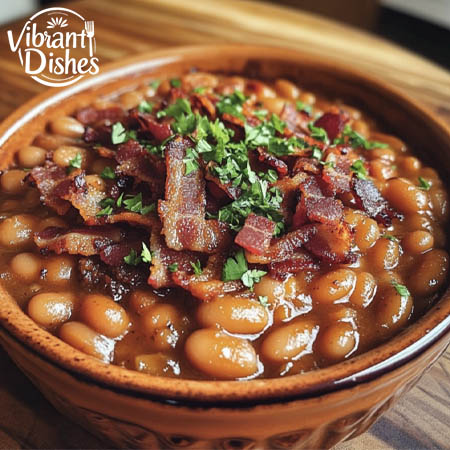 A hearty dish of baked beans and hamburger topped with crispy bacon.