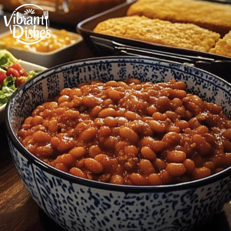 Baked beans and hamburger served with cornbread and salad.