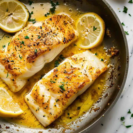 Cod recipes featuring baked cod fillets with lemon slices, garlic, and parsley on a plate.