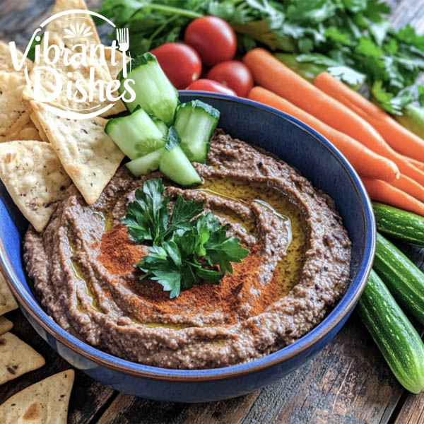 Bowl of black bean hummus garnished with paprika and parsley, surrounded by fresh vegetables.