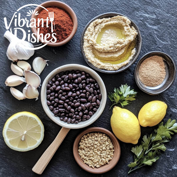 Flat lay of black bean hummus ingredients including black beans, garlic, lemon, and spices.