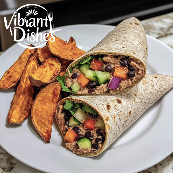 Black bean hummus spread in a whole-grain wrap with vegetables