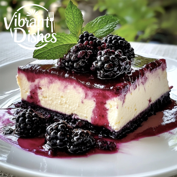 "Close-up of a blackberry cheesecake with a creamy filling and vibrant blackberry swirl.