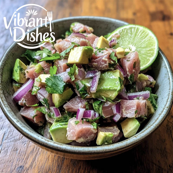 A bowl of fresh tuna ceviche with lime, avocado, and cilantro.