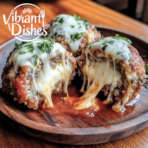 Cheese-stuffed large meatballs with mozzarella oozing out.