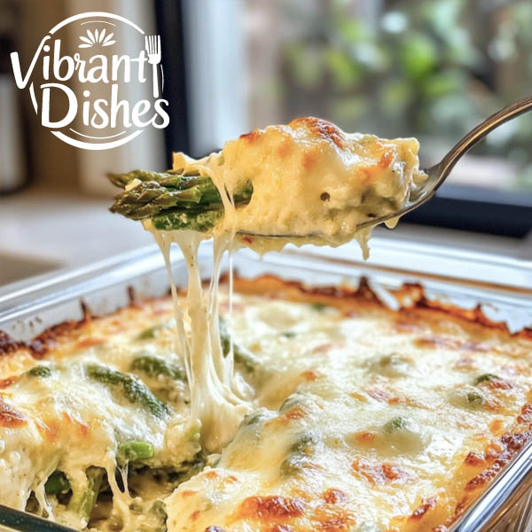 A close-up of a spoon lifting a portion of cheesy asparagus casserole.