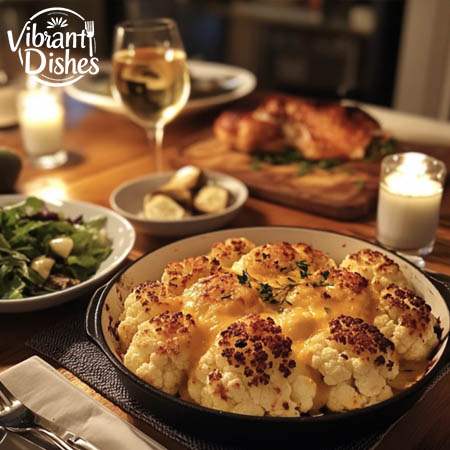 Cheesy cauliflower bake served with salad and wine on a dinner table.