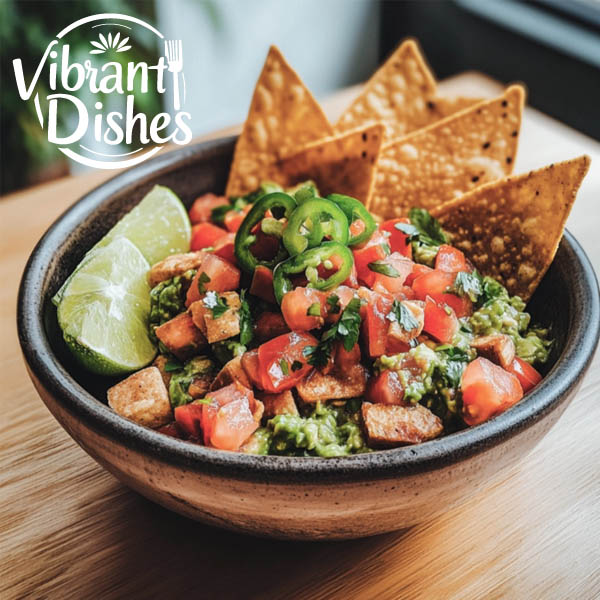 Chunky guacamole garnished with cilantro and served with chips.