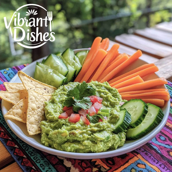 Chunky guacamole with vegetable sticks and chips.