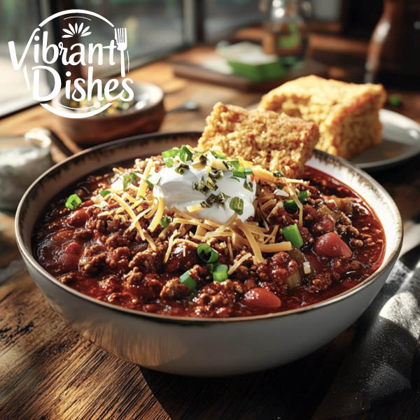 Classic bowl of chili with toppings and cornbread on a rustic wooden table.