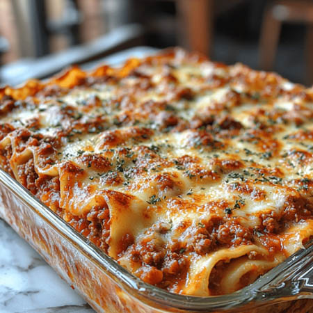 San Giorgio lasagna recipe featuring layered pasta, cheese, and marinara sauce in a baking dish.