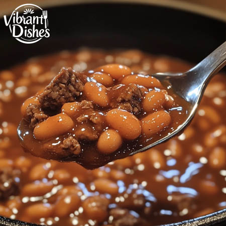 A spoonful of baked beans and hamburger with beef and sauce.