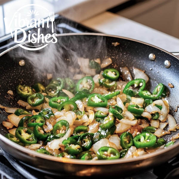 Onions, garlic, and jalapenos sautéing in a pan with oil