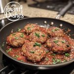 Large meatballs cooking in a skillet with tomato sauce.