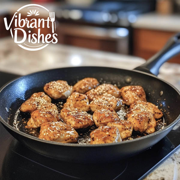 Cooking chicken with peanut butter sauce in a skillet.