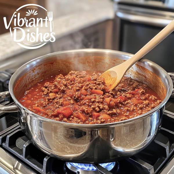 Pot of chili simmering on the stove with ground beef and spices