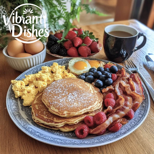 Cracker Barrel pancakes served with bacon, eggs, and coffee.