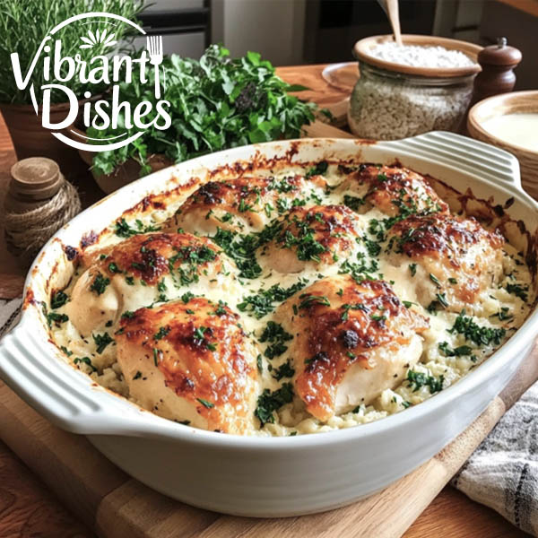 Creamy baked chicken in a casserole with fresh herbs