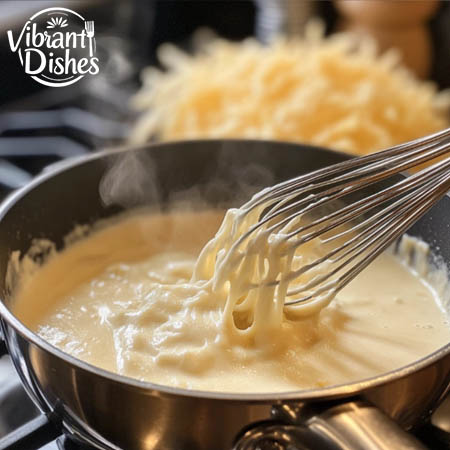 Creamy cheese sauce with cheddar and Gruyère in a saucepan.