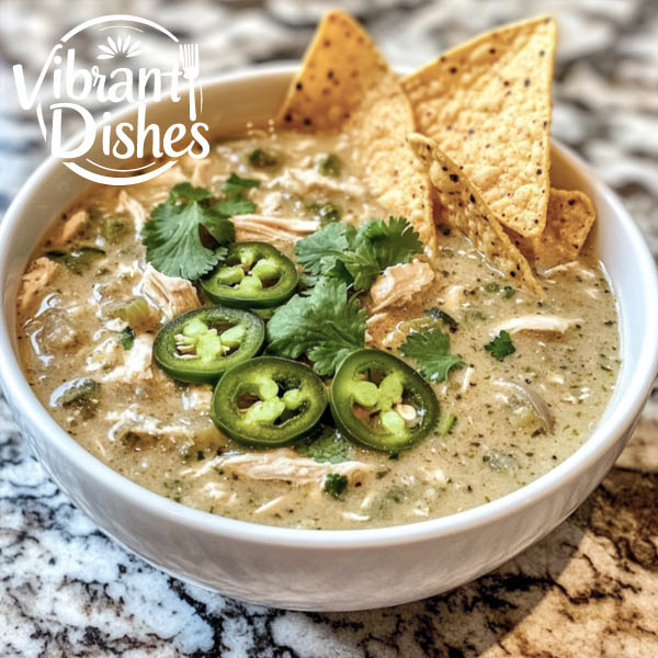 White chicken chili garnished with cilantro and jalapeños on a marble countertop.