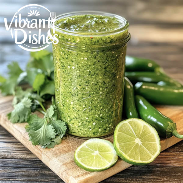 Jar of green jalapeno chili sauce with fresh ingredients around it.