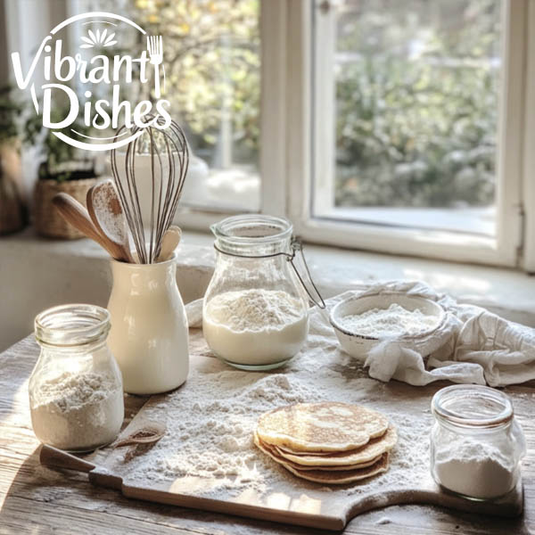 Ingredients for eggless pancakes on a wooden counter.