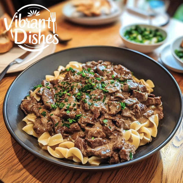 Beef stroganoff served family-style with noodles and bread.