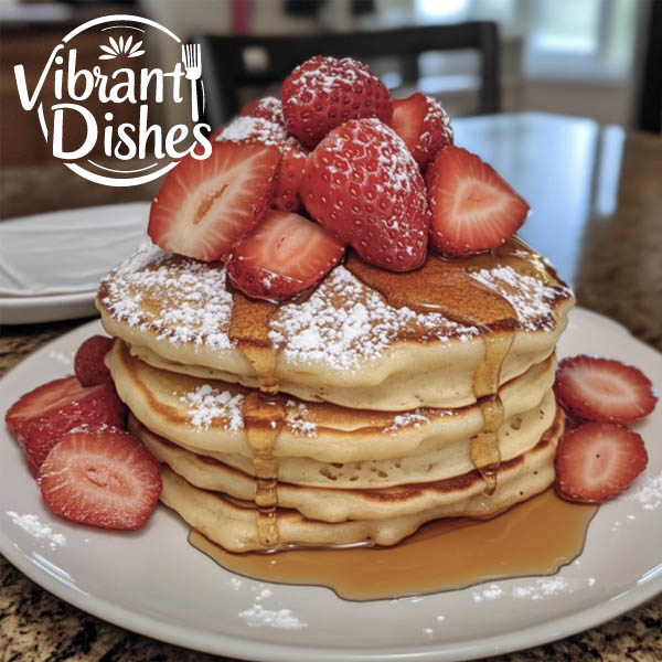 Fluffy eggless pancakes stacked with syrup and fresh strawberries.