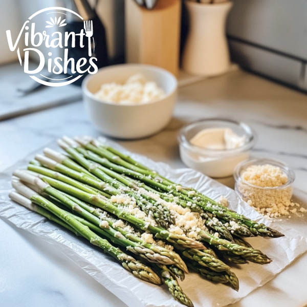 Fresh asparagus with cheese, cream, and breadcrumbs on a clean countertop.