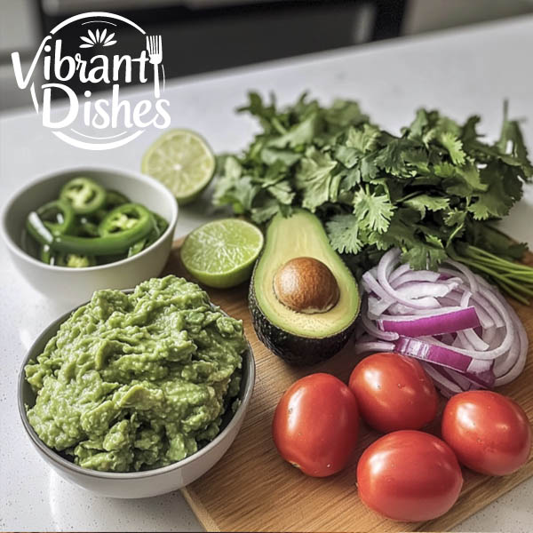 Fresh avocados, lime, tomatoes, and herbs for guacamole.