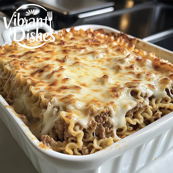 Close-up of a freshly baked ramen lasagna with golden cheese