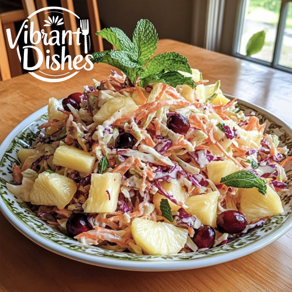 Sweet coleslaw with pineapple, apple slices, and cranberries on a serving platter.