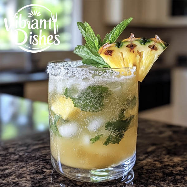 Garnished pineapple mojito with fresh pineapple and mint.