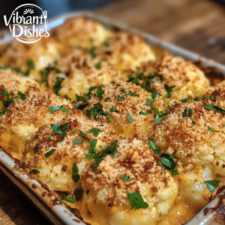 Golden-baked cheesy cauliflower with parsley garnish in a white dish.