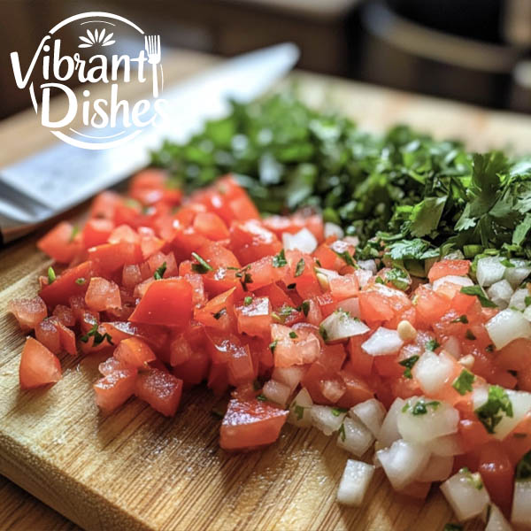 Chopped habanero peppers, tomatoes, onions, and cilantro on a cutting board.