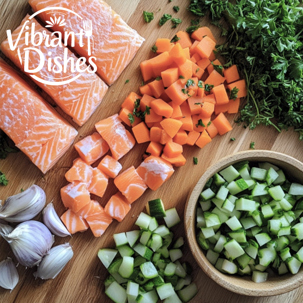 Preparation of salmon stew ingredients on a kitchen counter.