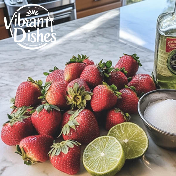 Fresh strawberries, lime, and tequila for a margarita recipe