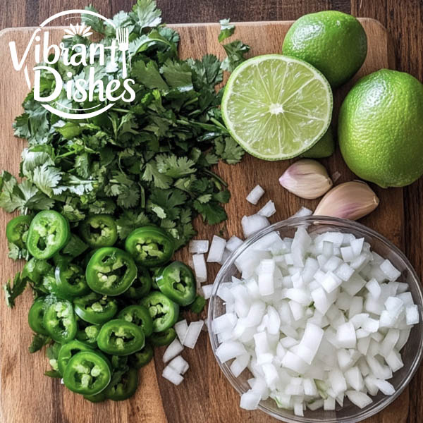 Fresh jalapenos, onions, garlic, cilantro, and lime on a cutting board.