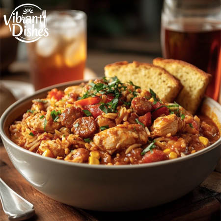 Bowl of chicken and sausage jambalaya with cornbread slices and iced tea.