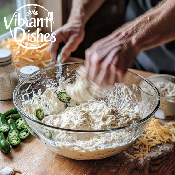 Mixing Mexican cornbread batter with Jiffy mix, cheese, and jalapeños.