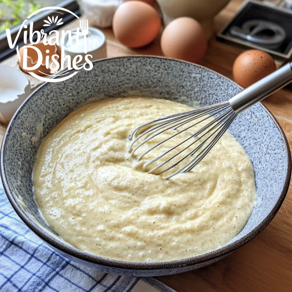 Pancake batter in a mixing bowl with a whisk and fresh ingredients.