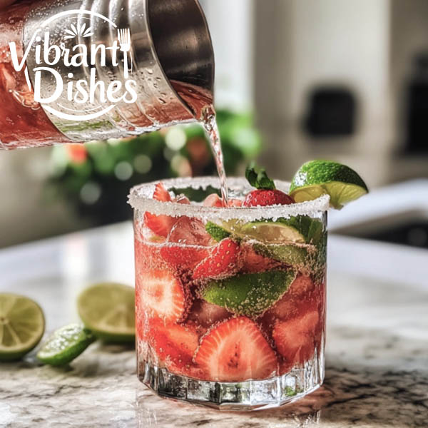 Pouring a fresh strawberry margarita into a sugar-rimmed glass.