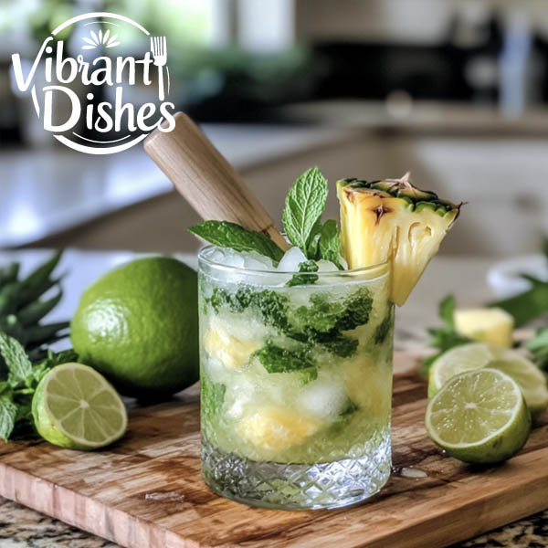 Muddling pineapple and mint for a mojito, surrounded by fresh ingredients.