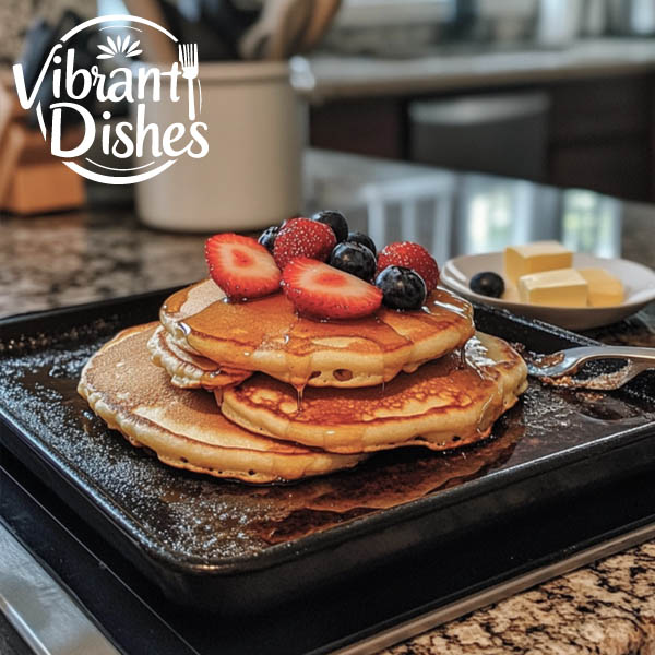 Golden pancakes sizzling on a griddle with a breakfast spread