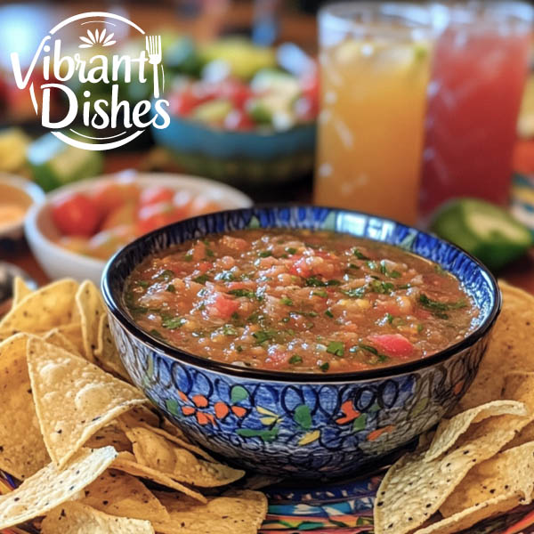 Bowl of habanero salsa with tortilla chips on a festive party table.