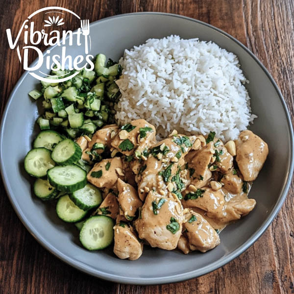 Chicken with peanut butter sauce served with rice and salad.